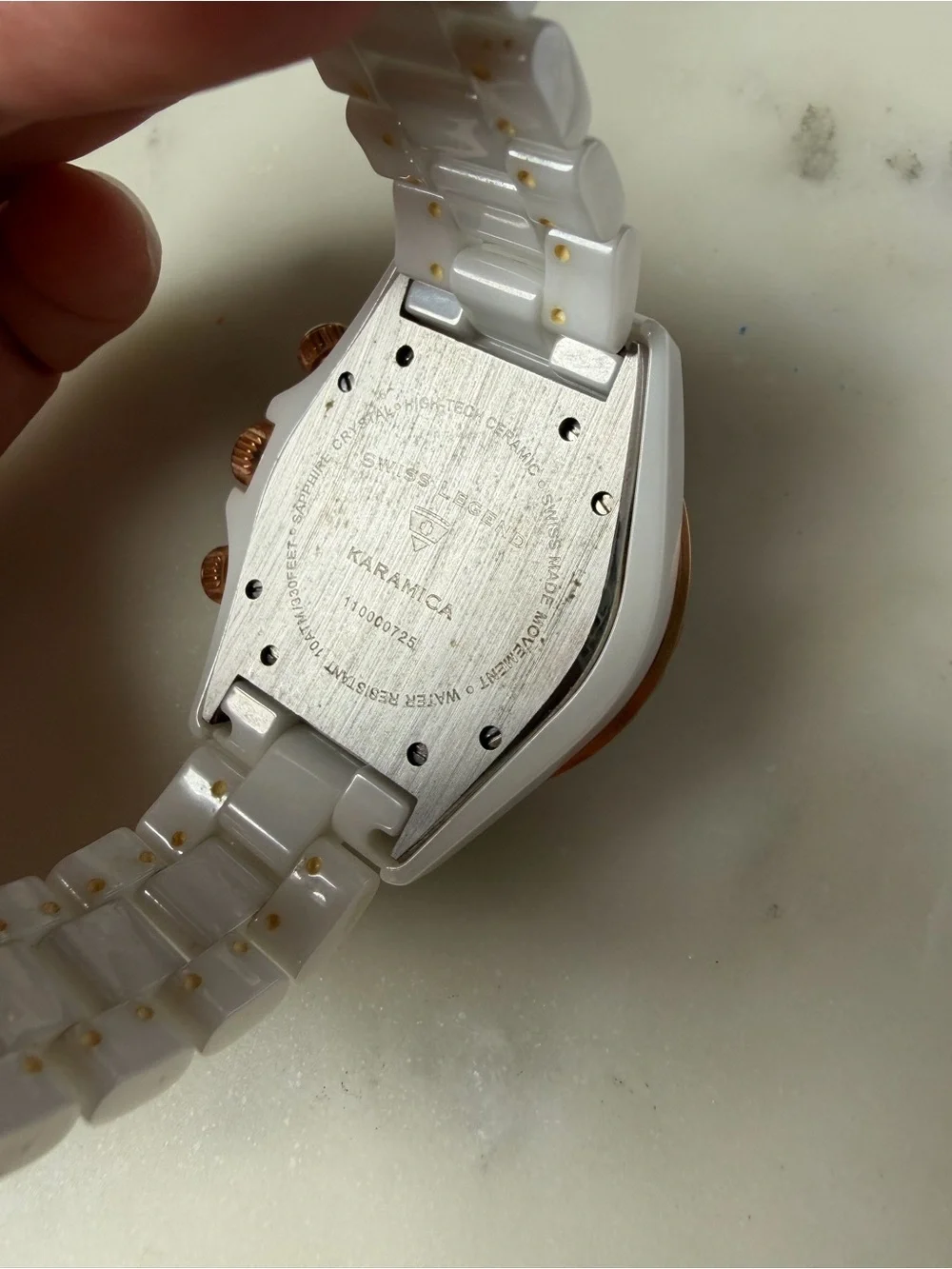 White Ceramic Chronograph Swiss Legend Watch with Rose Gold Accents